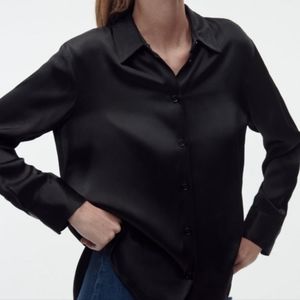 ZARA Satin Black Botton Down Blouse Size Medium